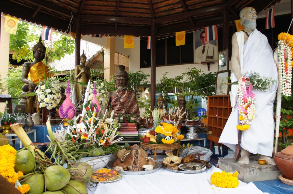 Old Medicine Hospital main altar, with offerings for 50th anniversary wai khru. (Photo credit: Pierce Salguero, 2012)